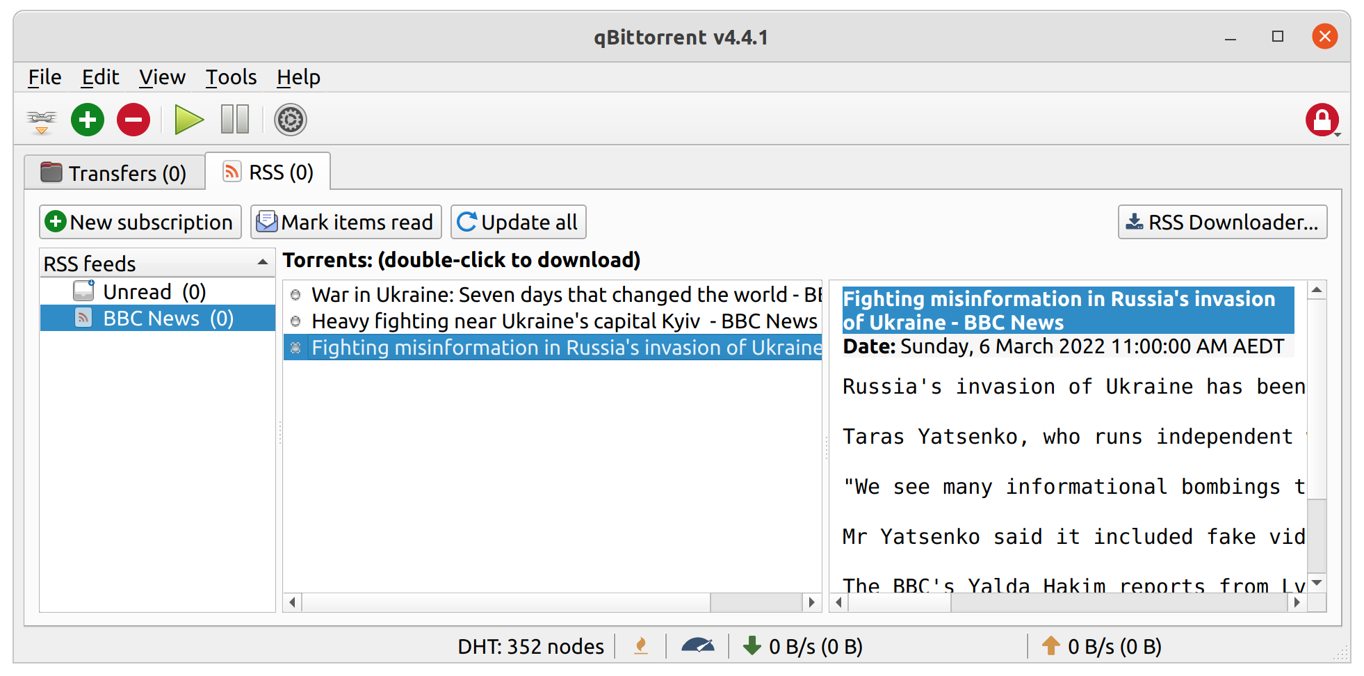 qBitTorrent client listing three BBC feed items, with 'double-click' to download as a header