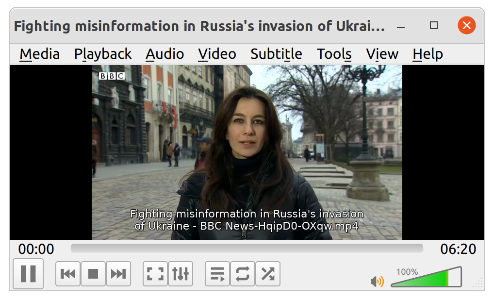 VLC Media Player showing the first frame of the BBC News example video